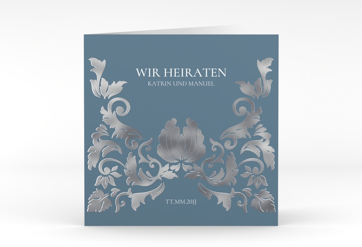 Hochzeitseinladung Royal quadr. Klappkarte blau silber mit barockem Blumen-Ornament