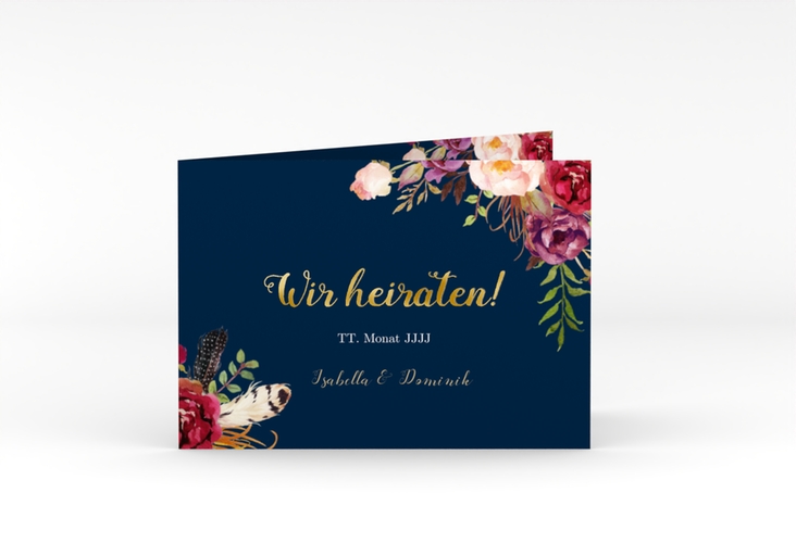 Hochzeitseinladung Flowers A6 Klappkarte quer blau gold mit bunten Aquarell-Blumen