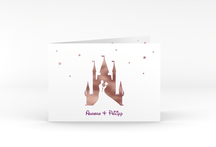 Hochzeitseinladung Castle A6 Klappkarte quer pink rosegold