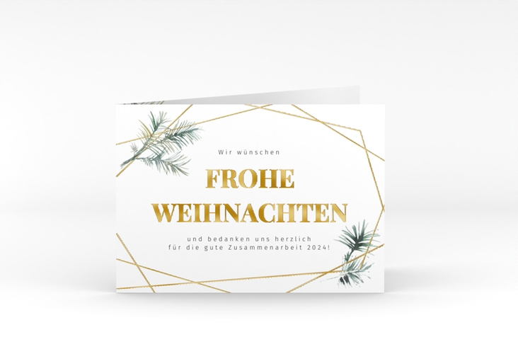 Geschäftliche Weihnachtskarte Edeltanne A6 Klappkarte quer gold gold mit Tannenzweigen und edlem Goldrahmen