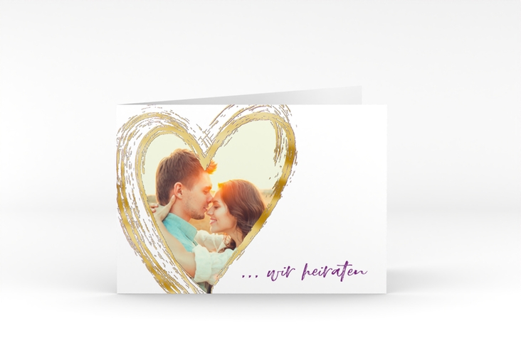 Hochzeitseinladung Liebe A6 Klappkarte quer lila gold