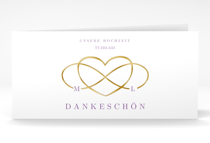 Dankeskarte Hochzeit Infinity lange Klappkarte quer lila gold