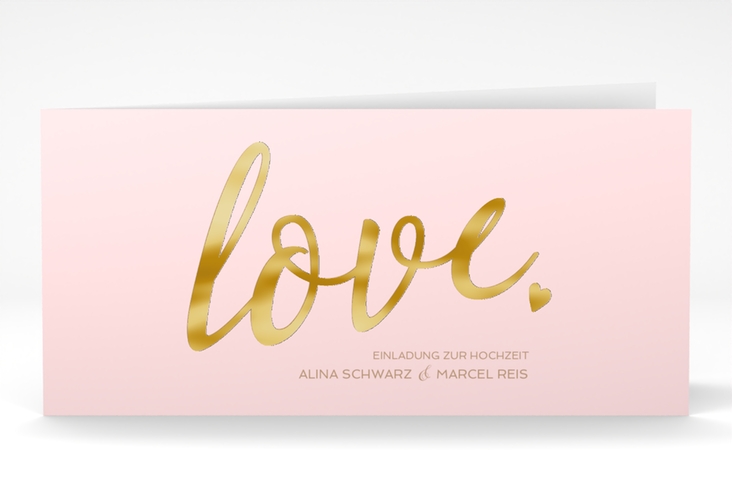 Hochzeitseinladung Glam lange Klappkarte quer rosa gold