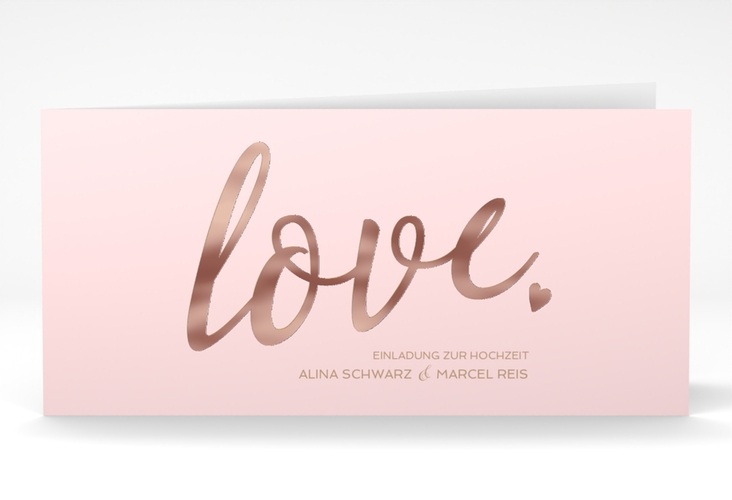 Hochzeitseinladung Glam lange Klappkarte quer rosa rosegold