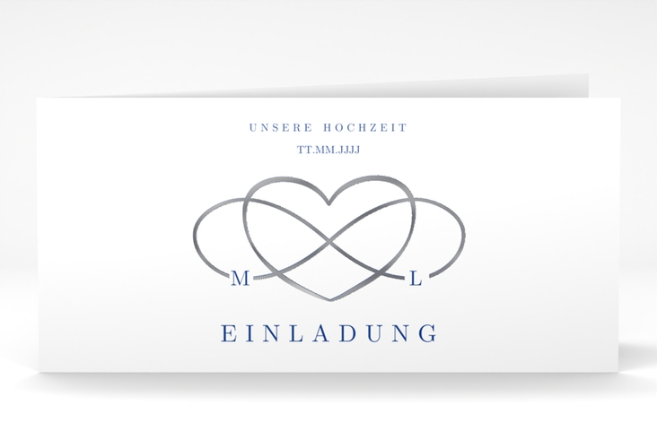 Hochzeitseinladung Infinity lange Klappkarte quer blau silber