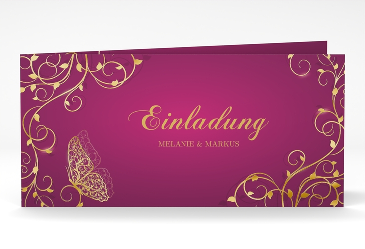 Hochzeitseinladung Eternity lange Klappkarte quer pink gold