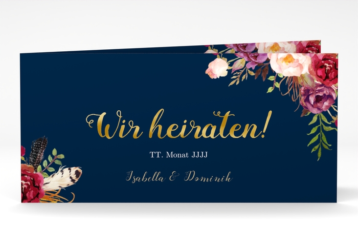 Hochzeitseinladung Flowers lange Klappkarte quer blau gold mit bunten Aquarell-Blumen