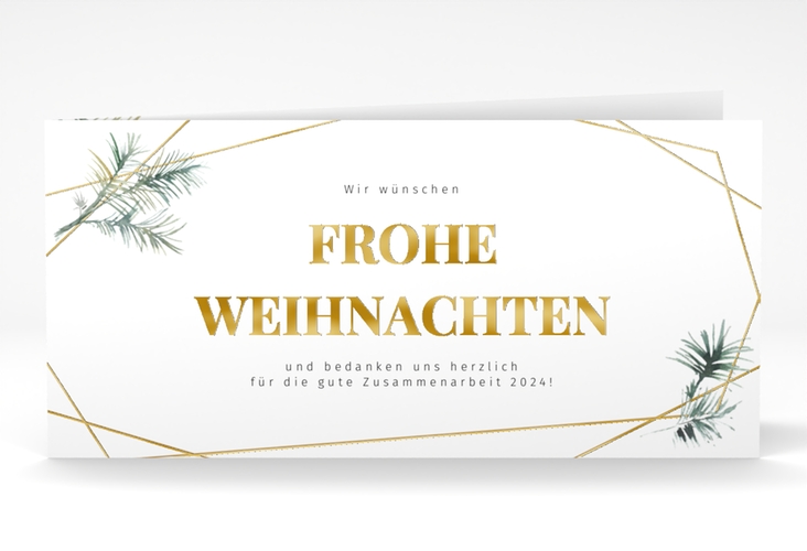 Geschäftliche Weihnachtskarte Edeltanne lange Klappkarte quer gold gold mit Tannenzweigen und edlem Goldrahmen