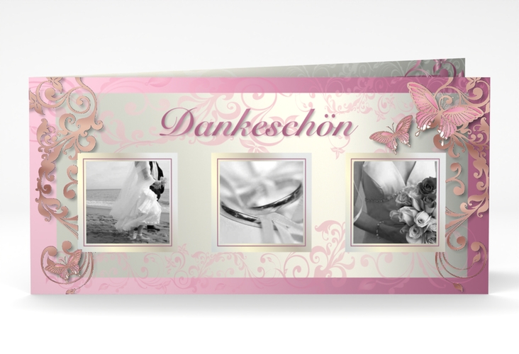 Dankeskarte Hochzeit Toulouse lange Klappkarte quer rosa rosegold