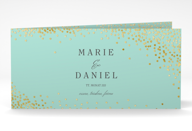 Hochzeitseinladung Glitter lange Klappkarte quer mint gold