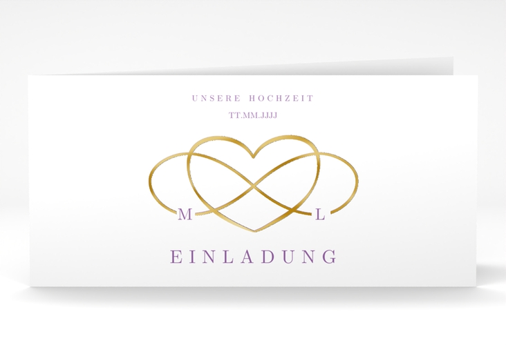 Hochzeitseinladung Infinity lange Klappkarte quer lila gold