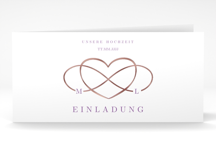 Hochzeitseinladung Infinity lange Klappkarte quer lila rosegold