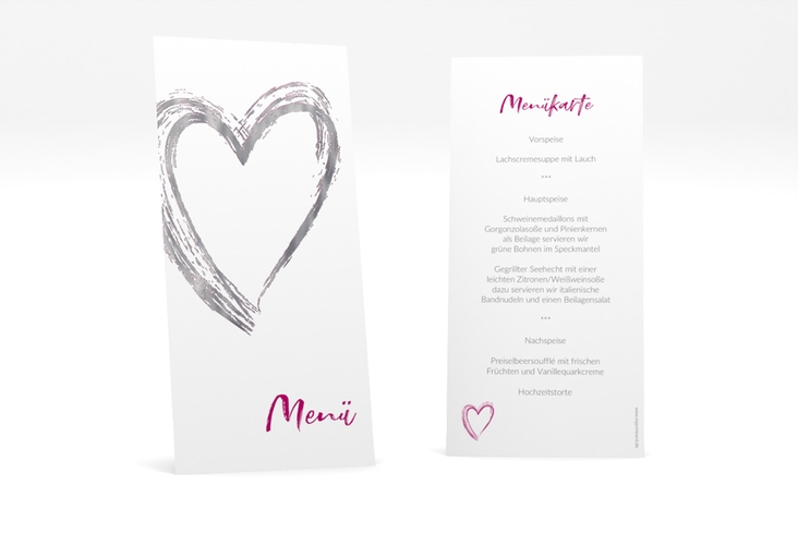 Menükarte Hochzeit Liebe lange Karte hoch pink silber