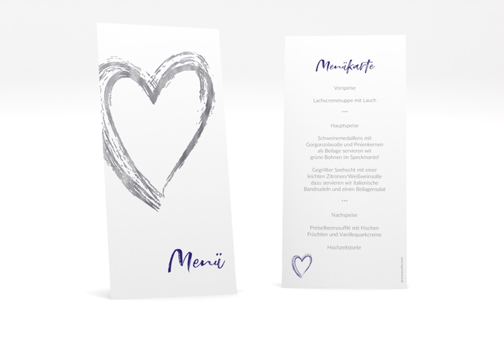 Menükarte Hochzeit Liebe lange Karte hoch blau silber