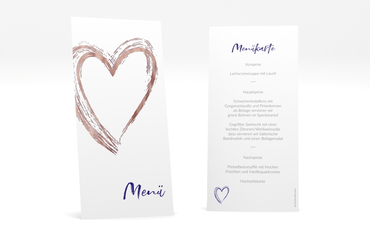 Menükarte Hochzeit Liebe lange Karte hoch blau rosegold