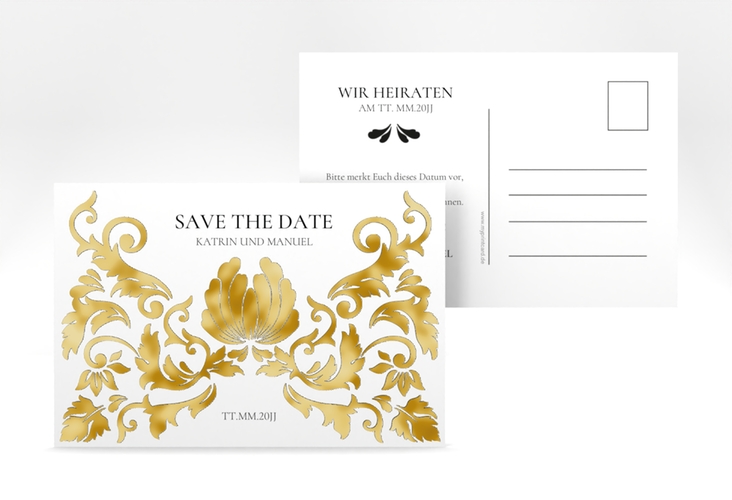 Save the Date-Postkarte Royal A6 Postkarte weiss gold mit barockem Blumen-Ornament