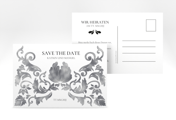 Save the Date-Postkarte Royal A6 Postkarte weiss silber mit barockem Blumen-Ornament