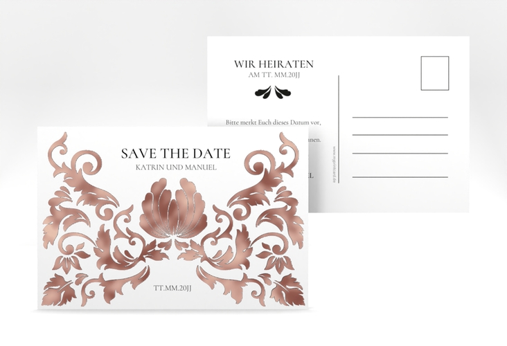 Save the Date-Postkarte Royal A6 Postkarte weiss rosegold mit barockem Blumen-Ornament