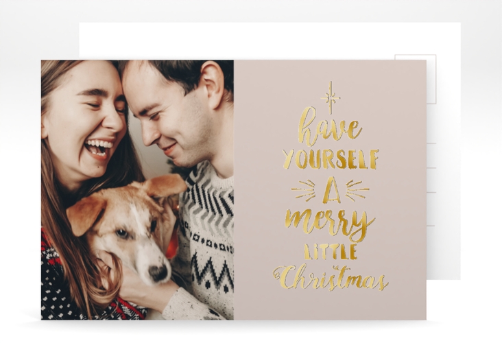 Weihnachtskarte Winterfreuden A6 Postkarte beige gold im Handlettering-Stil mit Foto