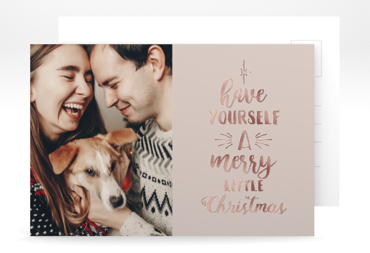 Weihnachtskarte Winterfreuden A6 Postkarte beige rosegold im Handlettering-Stil mit Foto