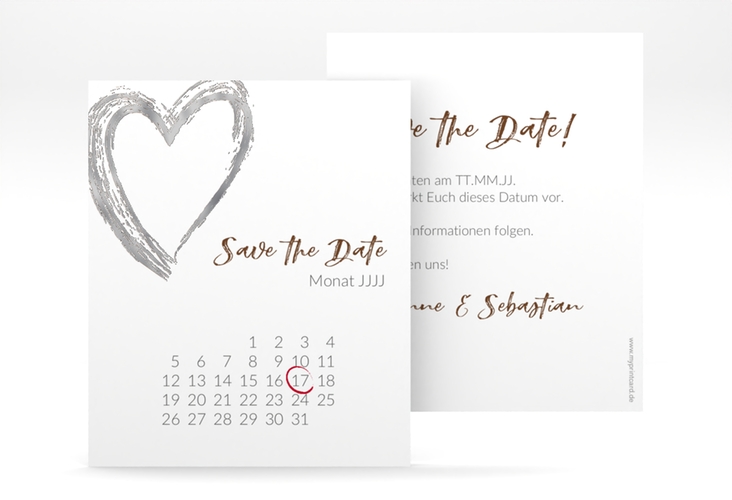 Save the Date-Kalenderblatt Liebe Kalenderblatt-Karte braun silber