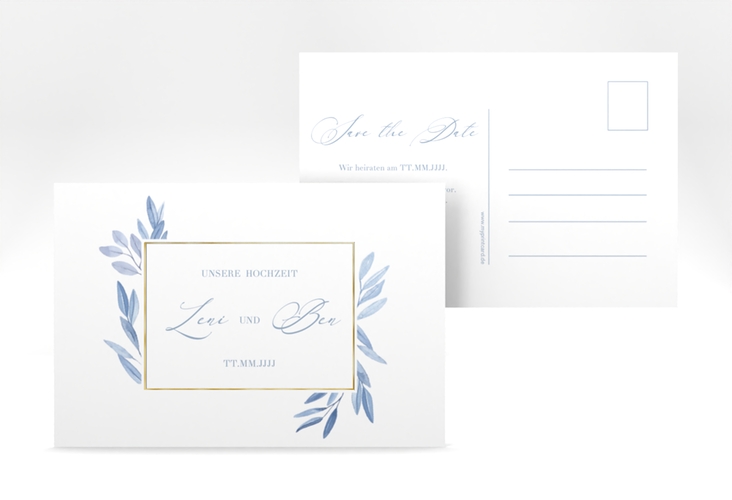 Save the Date-Postkarte Classicblue A6 Postkarte weiss gold