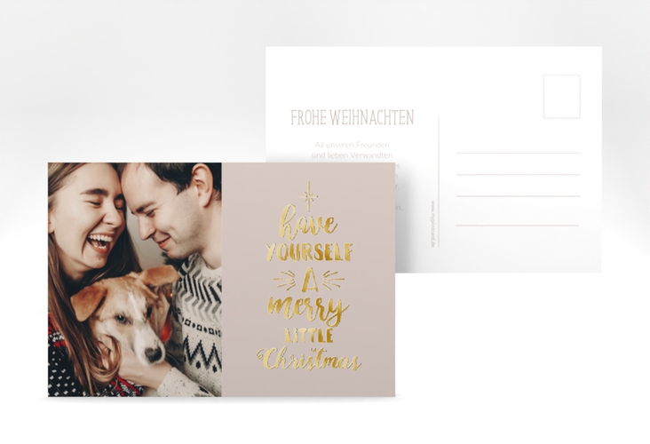 Weihnachtskarte Winterfreuden A6 Postkarte beige gold im Handlettering-Stil mit Foto