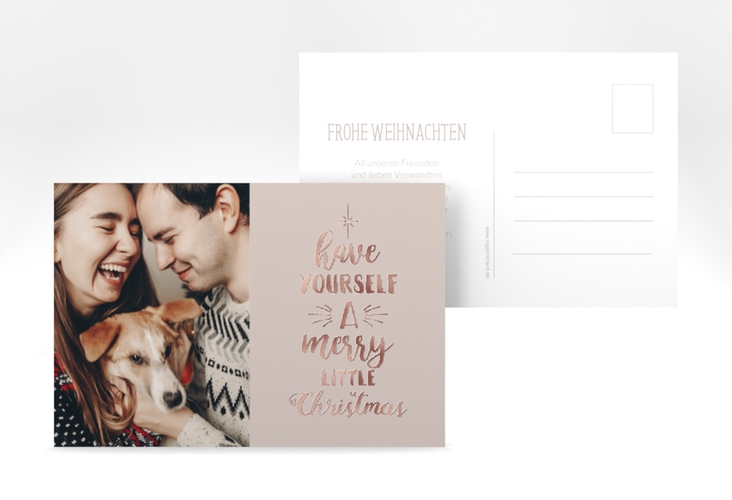 Weihnachtskarte Winterfreuden A6 Postkarte beige rosegold im Handlettering-Stil mit Foto