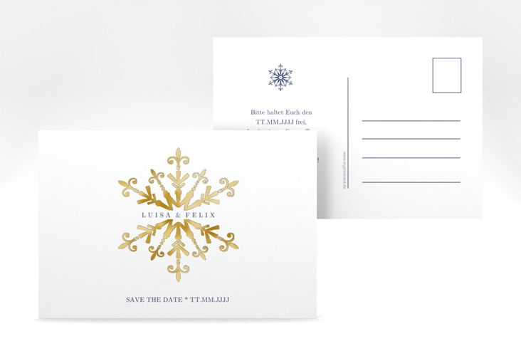 Save the Date-Postkarte Crystal A6 Postkarte weiss gold mit Eiskristall