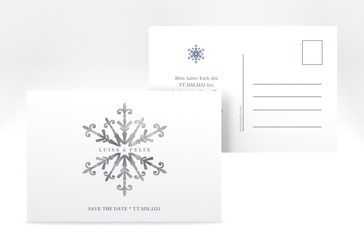 Save the Date-Postkarte Crystal A6 Postkarte weiss silber mit Eiskristall