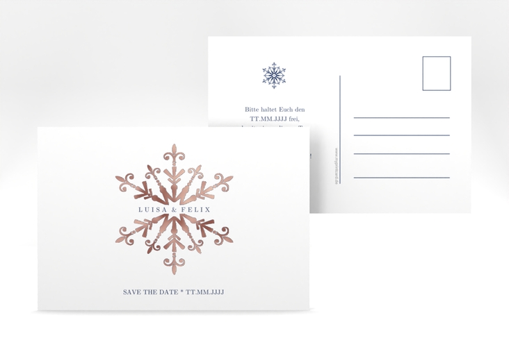 Save the Date-Postkarte Crystal A6 Postkarte weiss rosegold mit Eiskristall