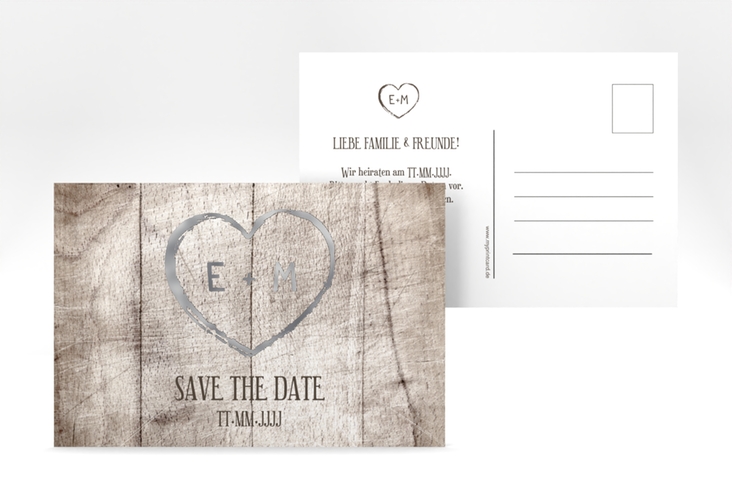 Save the Date-Postkarte Wood A6 Postkarte weiss silber