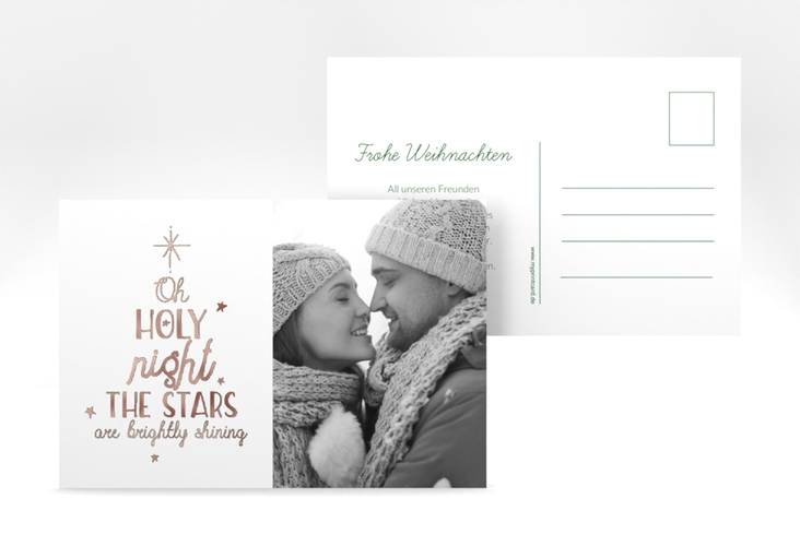 Weihnachtskarte Winterhimmel A6 Postkarte gruen rosegold mit Liedtext und Foto