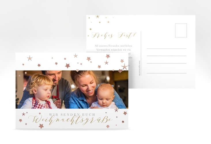 Weihnachtskarte Sternennacht A6 Postkarte weiss rosegold für Weihnachtsgrüße mit Familienfoto