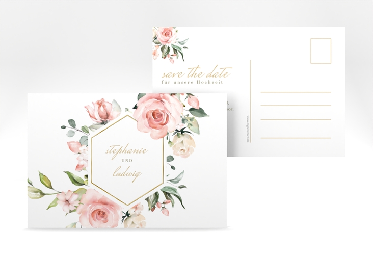 Save the Date-Postkarte Graceful A6 Postkarte weiss gold mit Rosenblüten in Rosa und Weiß