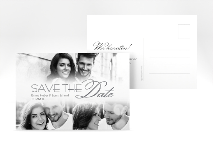 Save the Date-Postkarte Bokeh A6 Postkarte weiss silber