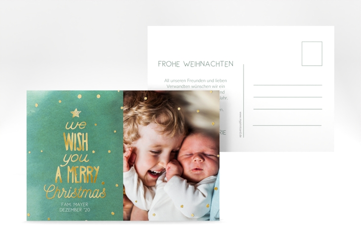 Weihnachtskarte Schneeglitzern A6 Postkarte gruen gold mit Aquarellfarbe und Kinderfoto