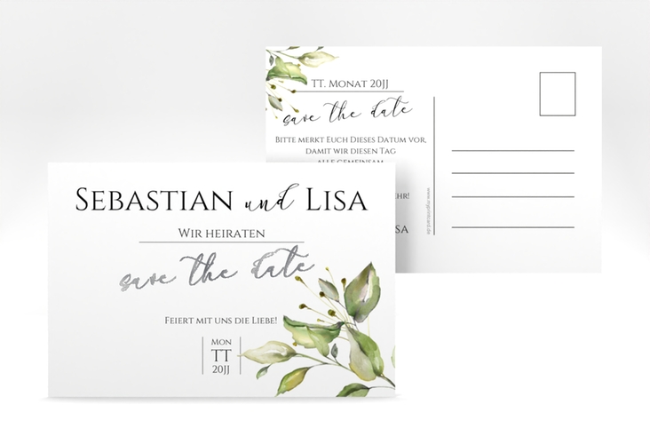 Save the Date-Postkarte Leaves A6 Postkarte weiss silber