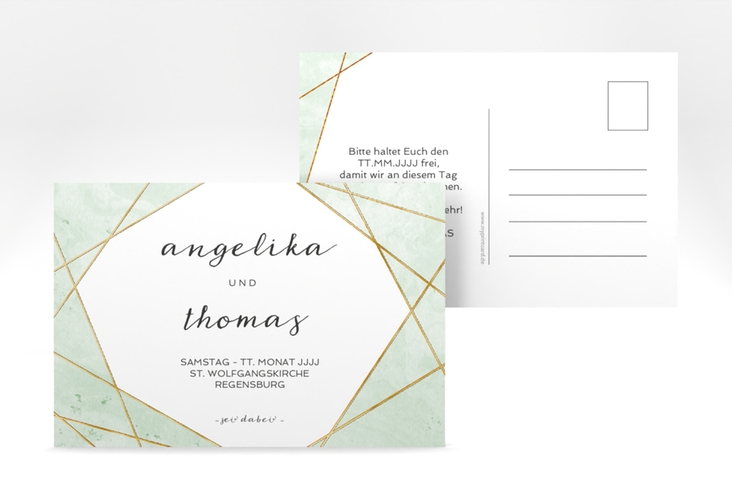 Save the Date-Postkarte Asymmetry A6 Postkarte gruen gold