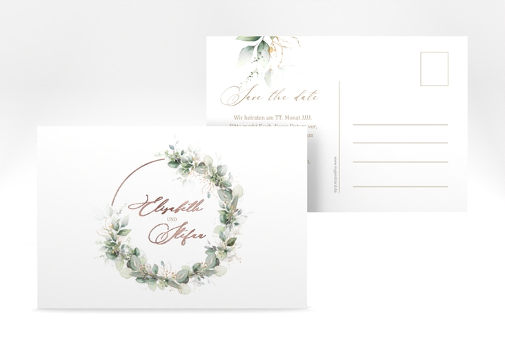 Save the Date-Postkarte Selvatica A6 Postkarte weiss rosegold mit Eukalyptus-Kranz