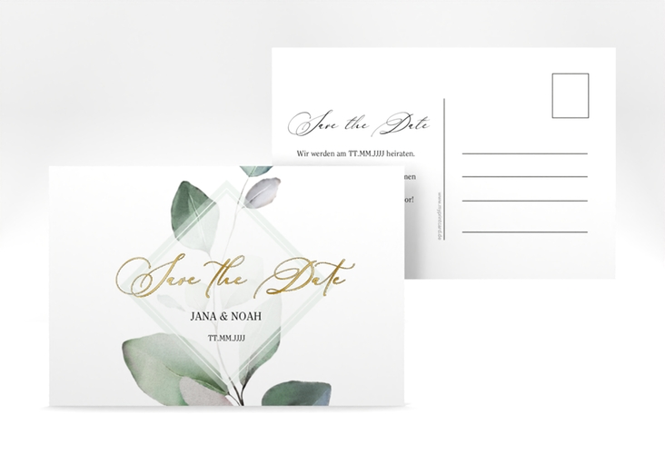 Save the Date-Postkarte Foglia A6 Postkarte weiss gold edel mit Eukalyptus im Aquarell-Design