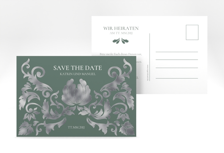 Save the Date-Postkarte Royal A6 Postkarte gruen silber mit barockem Blumen-Ornament