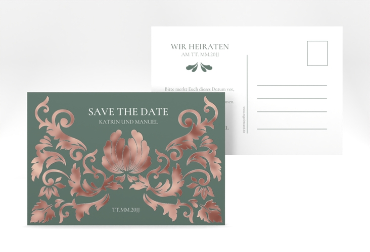 Save the Date-Postkarte Royal A6 Postkarte gruen rosegold mit barockem Blumen-Ornament