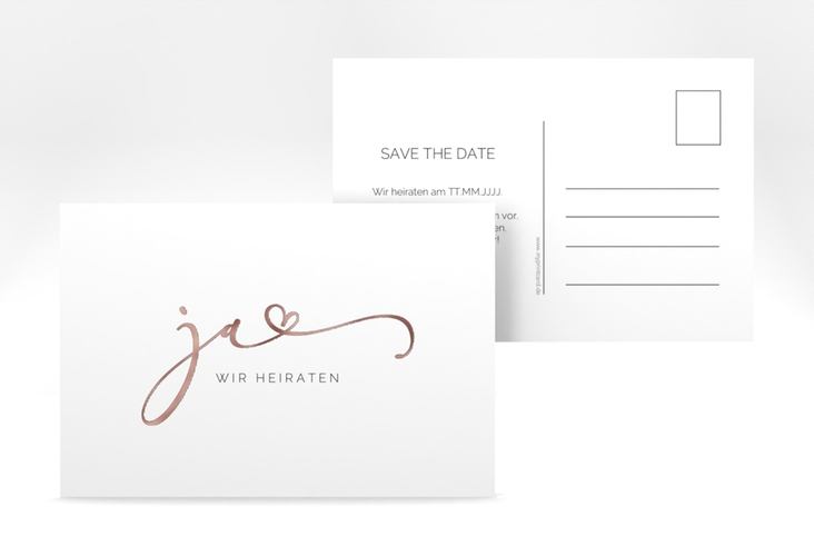 Save the Date-Postkarte Jawort A6 Postkarte weiss rosegold modern minimalistisch mit veredelter Aufschrift