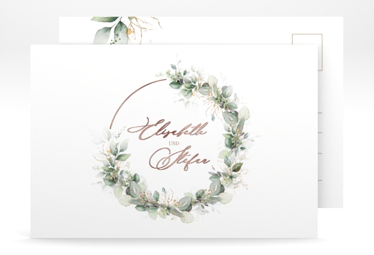 Save the Date-Postkarte Selvatica A6 Postkarte weiss rosegold mit Eukalyptus-Kranz