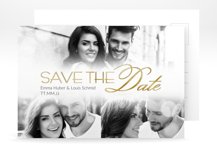 Save the Date-Postkarte Bokeh A6 Postkarte weiss gold