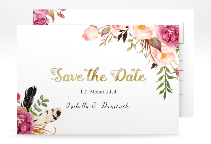 Save the Date-Postkarte Flowers A6 Postkarte weiss gold mit bunten Aquarell-Blumen