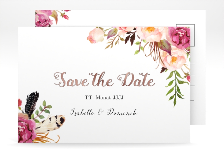 Save the Date-Postkarte Flowers A6 Postkarte weiss rosegold mit bunten Aquarell-Blumen