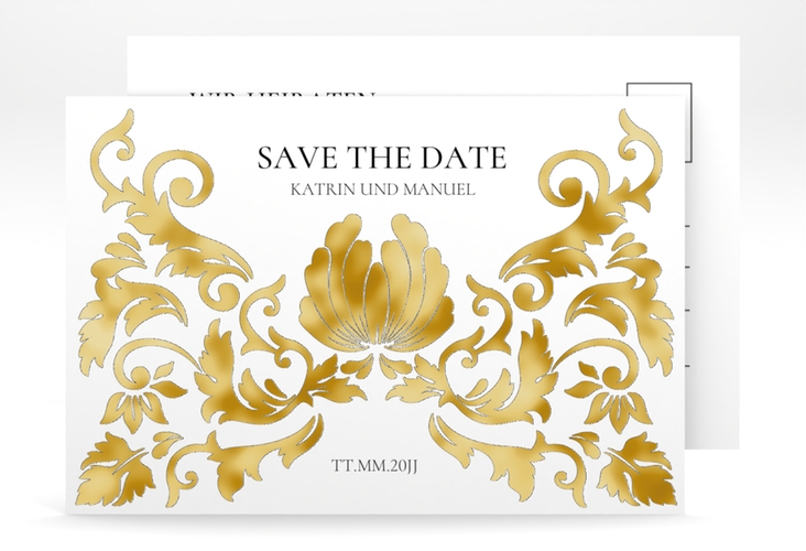 Save the Date-Postkarte Royal A6 Postkarte weiss gold mit barockem Blumen-Ornament