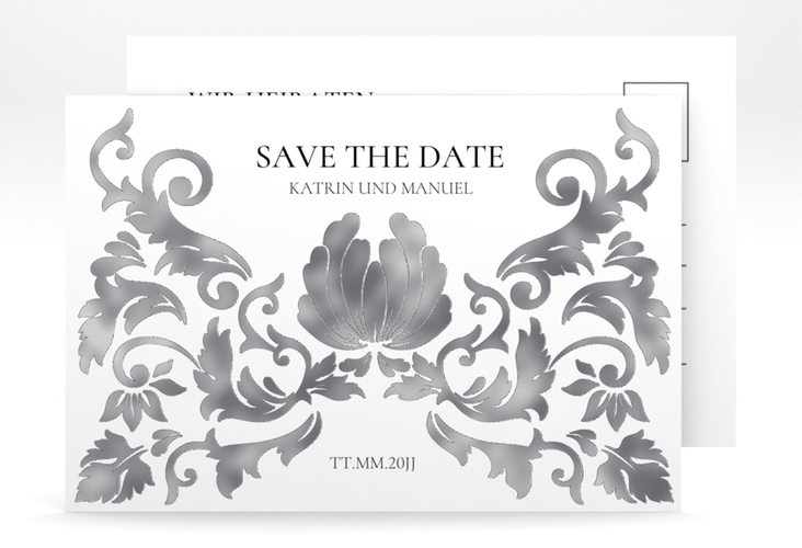 Save the Date-Postkarte Royal A6 Postkarte weiss silber mit barockem Blumen-Ornament